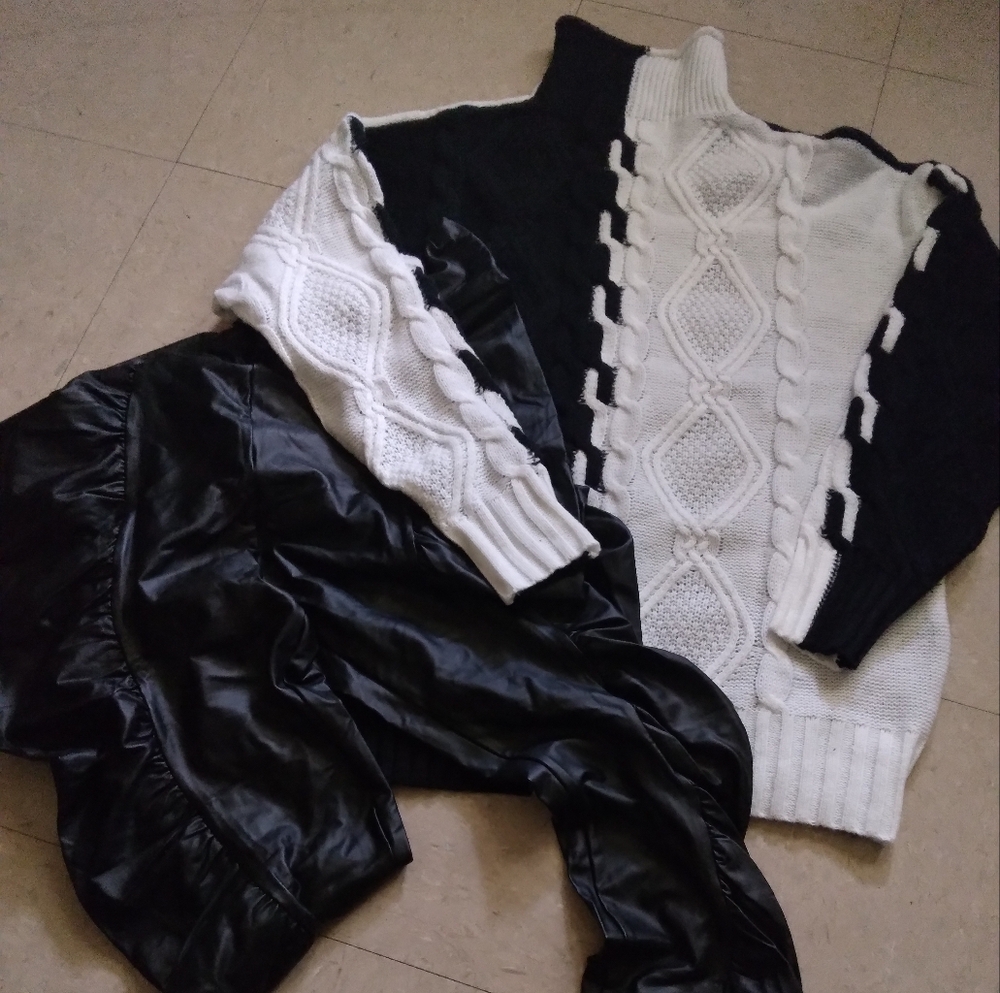 Black and White Cable Knit Sweater 2X and Balloon puff leggings 1X